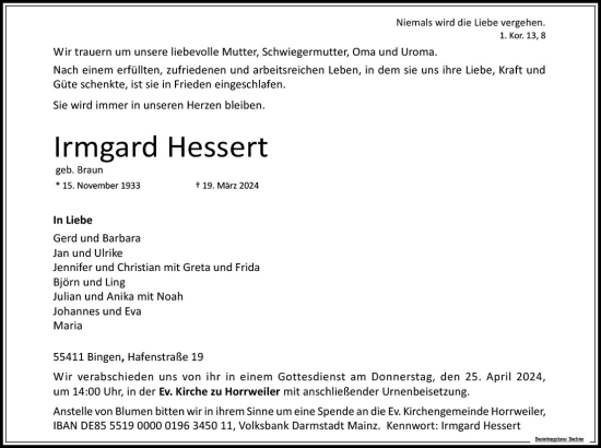 Traueranzeige von Irmgard Hessert von Allgemeine Zeitung Bingen/Ingelheim