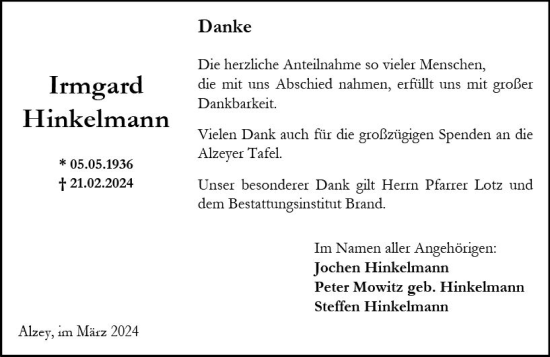 Traueranzeige von Irmgard  Hinkelmann von Allgemeine Zeitung Alzey
