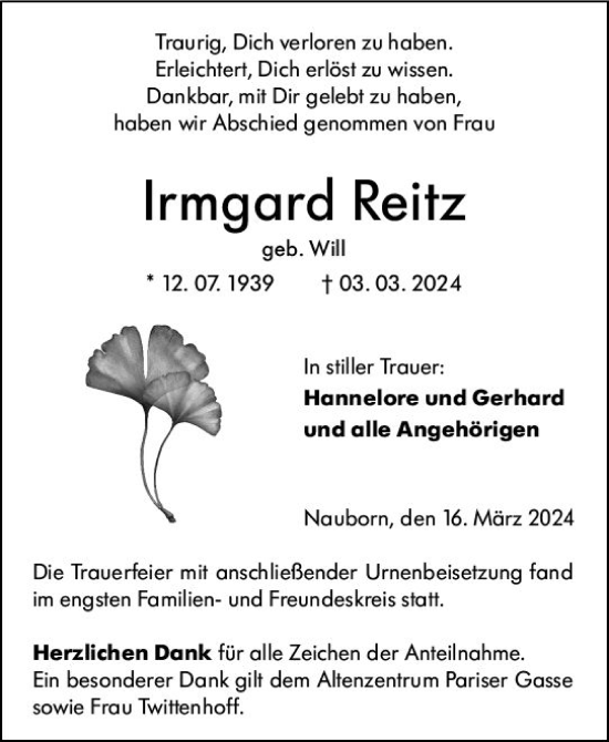 Traueranzeige von Irmgard Reitz von Wetzlarer Neue Zeitung