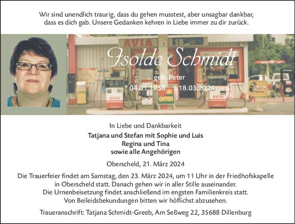  Traueranzeige für Isolde Schmidt vom 21.03.2024 aus Dill Block