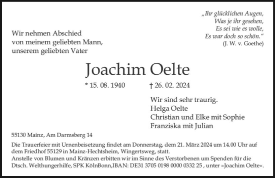 Traueranzeige von Joachim Oelte von Allgemeine Zeitung Mainz