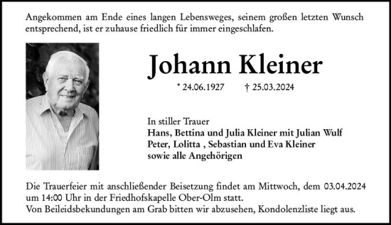 Traueranzeige von Johann Kleiner von Allgemeine Zeitung Mainz