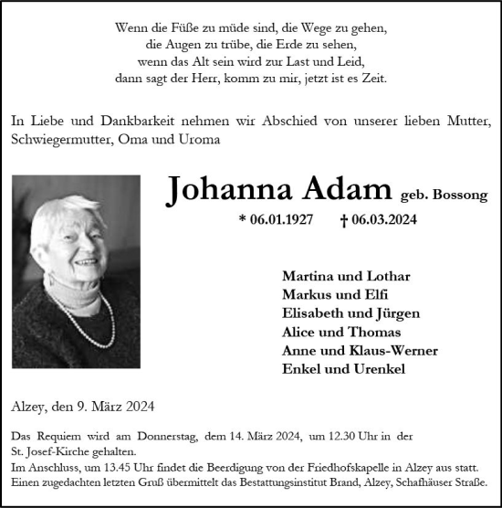 Traueranzeige von Johanna Adam von Allgemeine Zeitung Alzey
