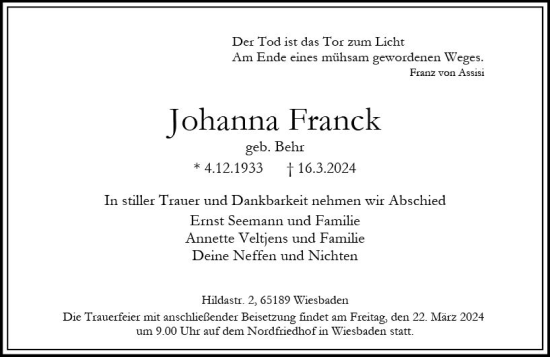Traueranzeige von Johanna Franck von Wiesbadener Kurier