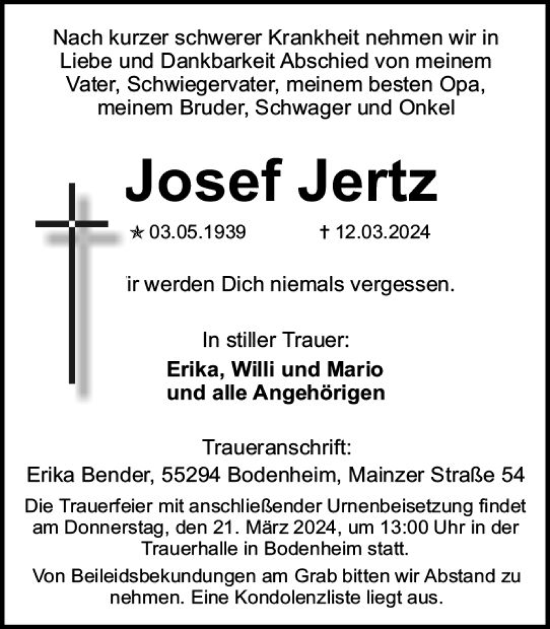 Traueranzeige von Josef Jertz von Allgemeine Zeitung Mainz