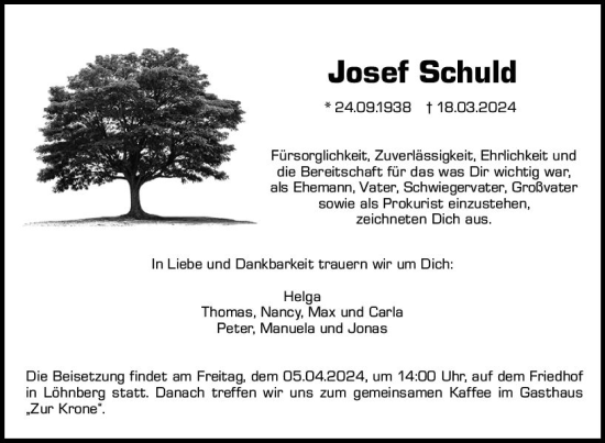 Traueranzeige von Josef Schuld von Weilburger Tageblatt