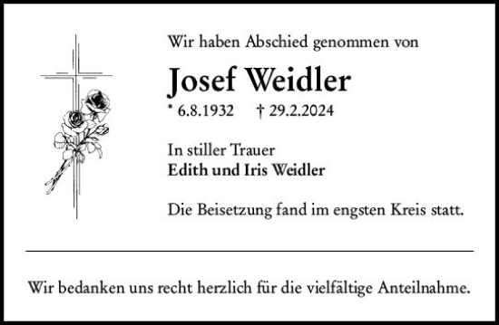 Traueranzeige von Josef Weidler von Weilburger Tageblatt