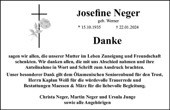 Traueranzeige von Josefine Neger von Allgemeine Zeitung Bingen/Ingelheim