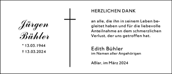 Traueranzeige von Jürgen Bühler von Wetzlarer Neue Zeitung