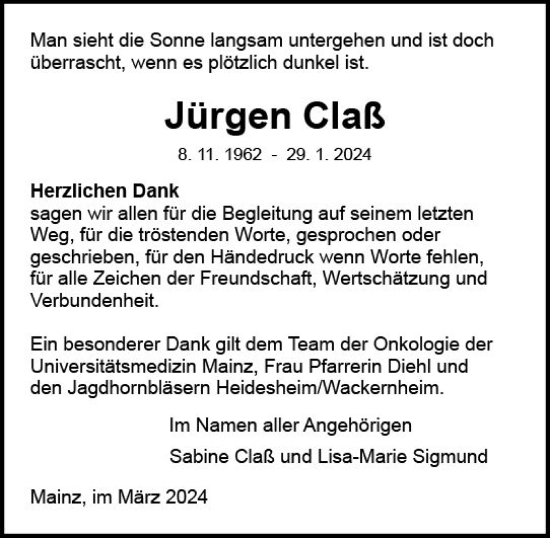 Traueranzeige von Jürgen Claß von Allgemeine Zeitung Mainz