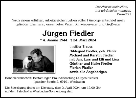 Traueranzeige von Jürgen Fiedler von Wiesbadener Kurier
