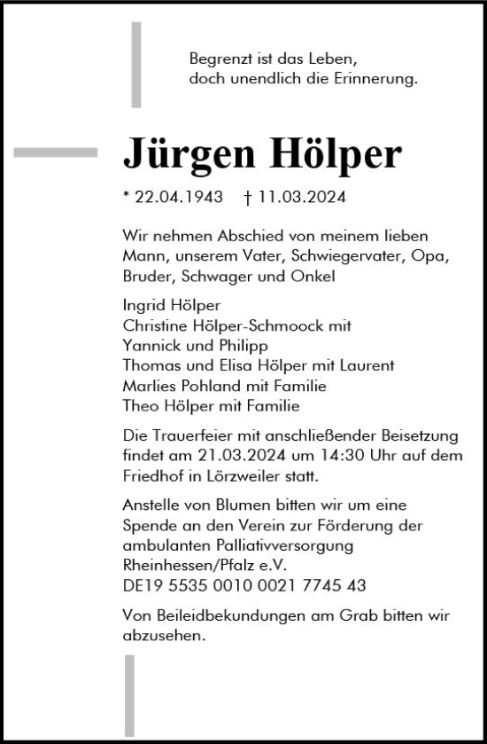 Traueranzeige von Jürgen Hölper von Allgemeine Zeitung Mainz