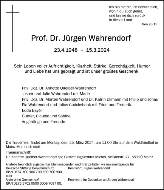 Traueranzeige von Jürgen Wahrendorf von Allgemeine Zeitung Mainz