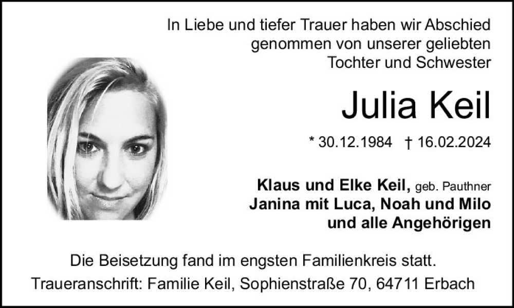  Traueranzeige für Julia Keil vom 16.03.2024 aus Odenwälder Echo