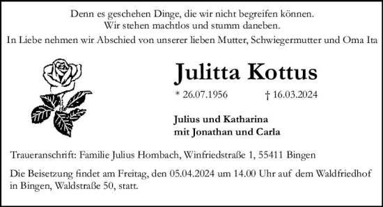 Traueranzeige von Julitta Kottus von Allgemeine Zeitung Bingen/Ingelheim