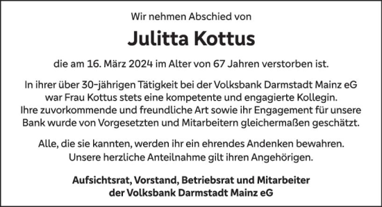 Traueranzeige von Julitta Kottus von Allgemeine Zeitung Bingen/Ingelheim