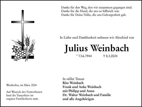 Traueranzeige von Julius Weinbach von Wormser Zeitung