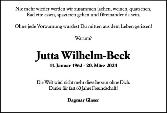 Traueranzeige von Jutta Wilhelm-Beck von Wormser Zeitung