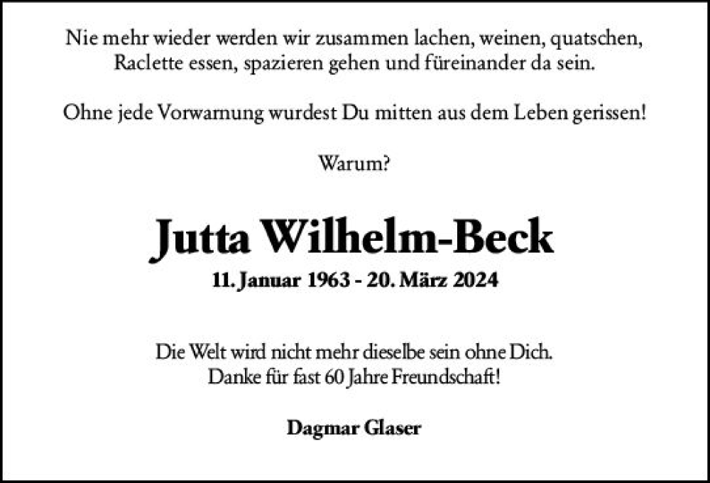  Traueranzeige für Jutta Wilhelm-Beck vom 26.03.2024 aus Wormser Zeitung