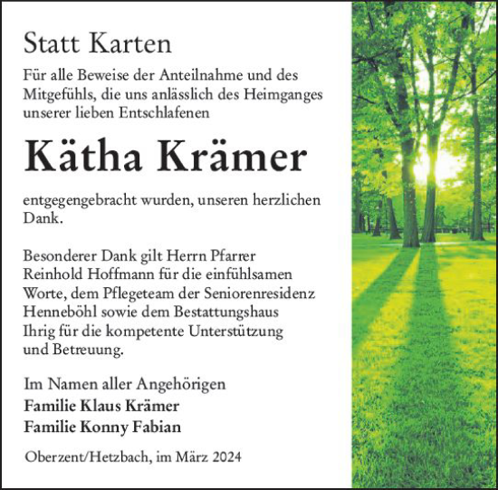 Traueranzeige von Kätha Krämer von Odenwälder Echo