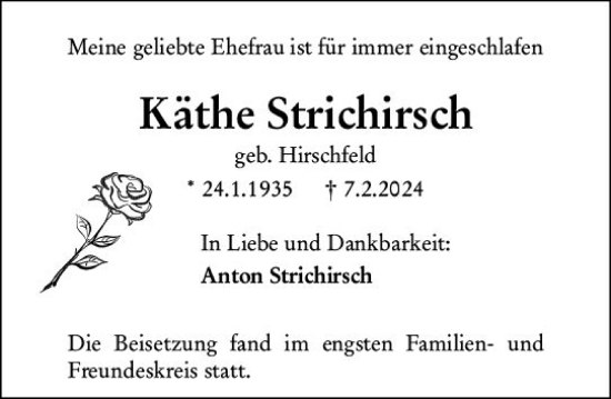 Traueranzeige von Käthe Strichirsch von Wetzlarer Neue Zeitung