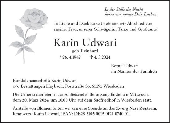 Traueranzeige von Karin Udwari von Wiesbadener Kurier