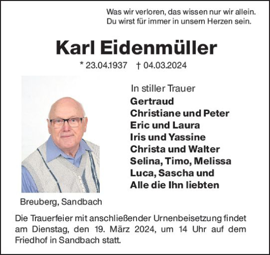 Traueranzeige von Karl Eidenmüller von Odenwälder Echo