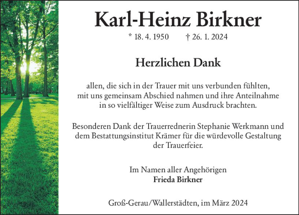  Traueranzeige für Karl-Heinz Birkner vom 16.03.2024 aus Groß-Gerauer Echo
