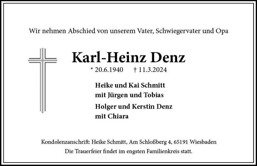  Traueranzeige für Karl-Heinz Denz vom 16.03.2024 aus Wiesbadener Kurier