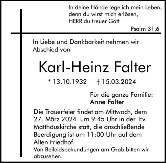 Traueranzeige von Karl-Heinz Falter von Darmstädter Echo