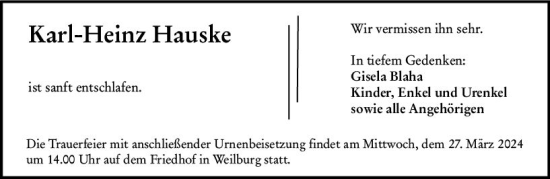 Traueranzeige von Karl-Heinz Hauske von Weilburger Tageblatt