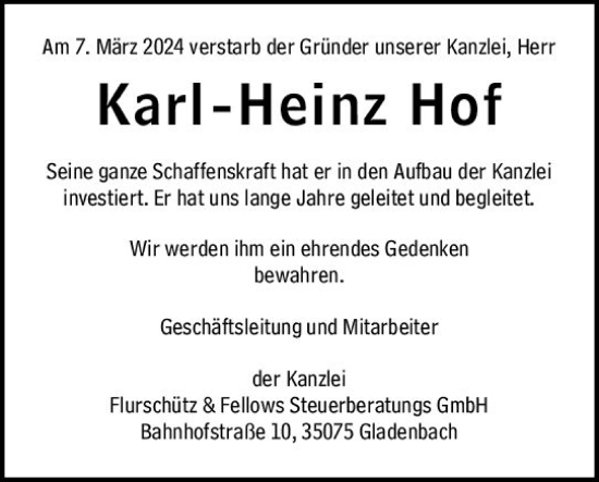 Traueranzeige von Karl-Heinz Hof von Hinterländer Anzeiger