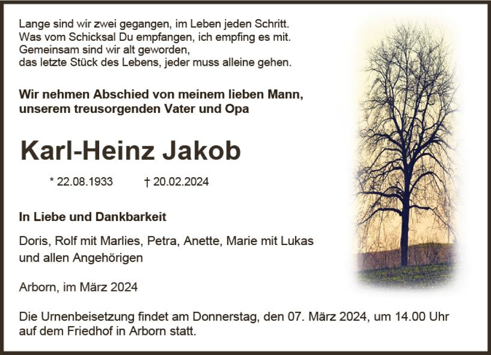  Traueranzeige für Karl-Heinz Jakob vom 04.03.2024 aus Dill Block