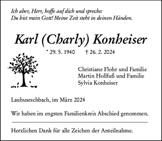 Traueranzeige von Karl  Konheiser von Weilburger Tageblatt