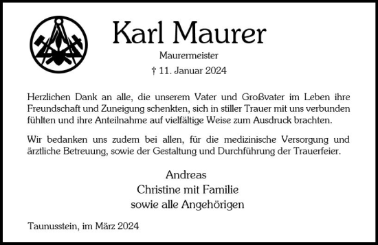 Traueranzeige von Karl Maurer von Wiesbadener Kurier