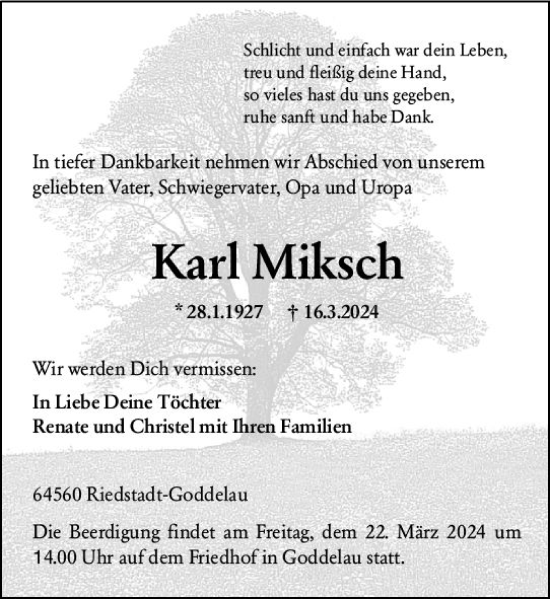 Traueranzeige von Karl Miksch von Groß-Gerauer Echo
