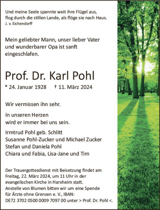 Traueranzeige von Karl Pohl von Allgemeine Zeitung Mainz