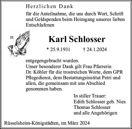 Traueranzeige von Karl Schlosser von Rüsselsheimer Echo