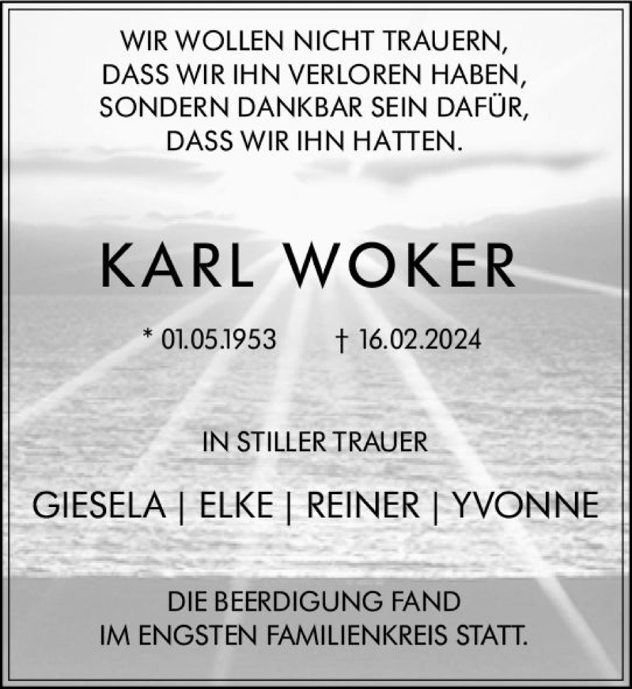  Traueranzeige für Karl Woker vom 16.03.2024 aus Dill Block