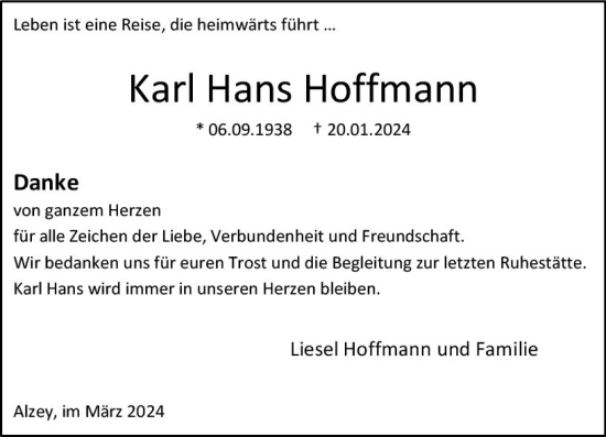 Traueranzeige von Karl Hans Hoffmann von Allgemeine Zeitung Alzey