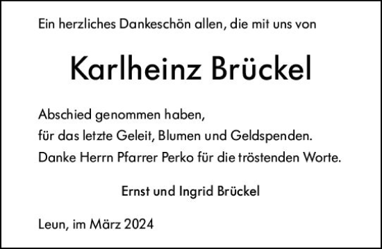 Traueranzeige von Karlheinz Brückel von Wetzlarer Neue Zeitung