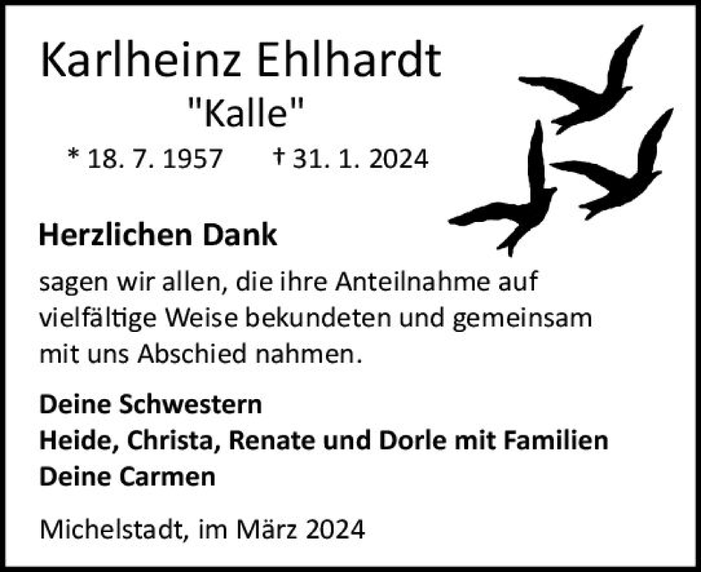  Traueranzeige für Karlheinz Ehlhardt vom 16.03.2024 aus Odenwälder Echo