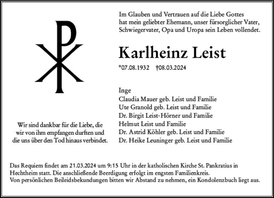 Traueranzeige von Karlheinz Leist von Allgemeine Zeitung Mainz