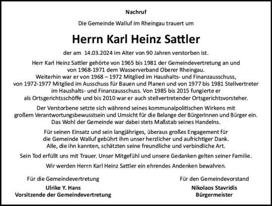 Traueranzeige von Karl Heinz Sattler von Rheingau Kurier