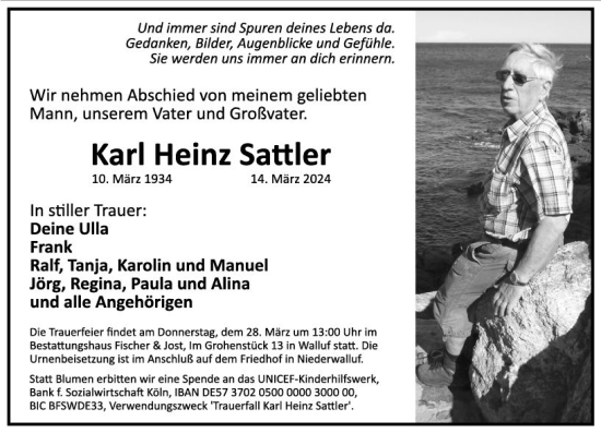 Traueranzeige von Karl Heinz Sattler von Wiesbadener Kurier