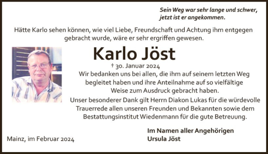 Traueranzeige von Karlo Jöst von Allgemeine Zeitung Mainz