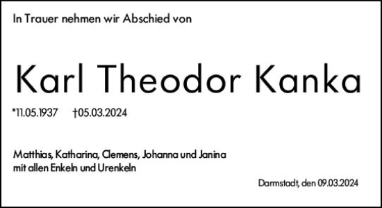 Traueranzeige von Karl Theodor Kanka von Darmstädter Echo
