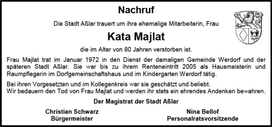Traueranzeige von Kata Majlat von Wetzlarer Neue Zeitung