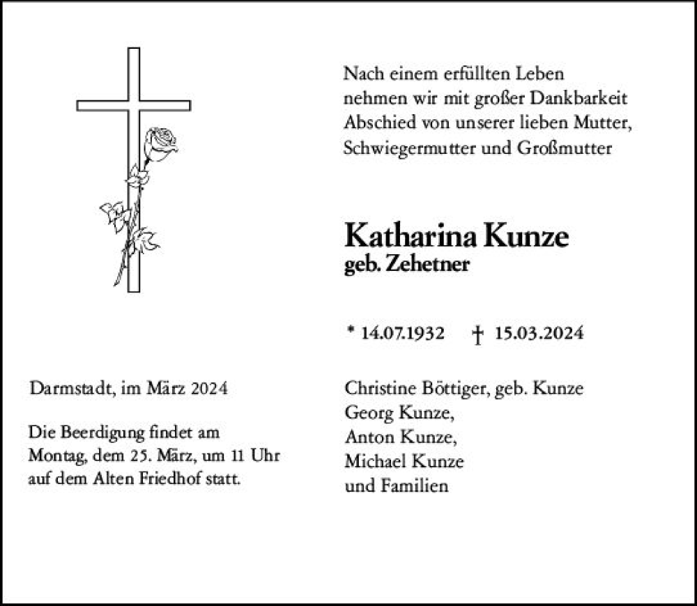  Traueranzeige für Katharina Kunze vom 23.03.2024 aus Darmstädter Echo
