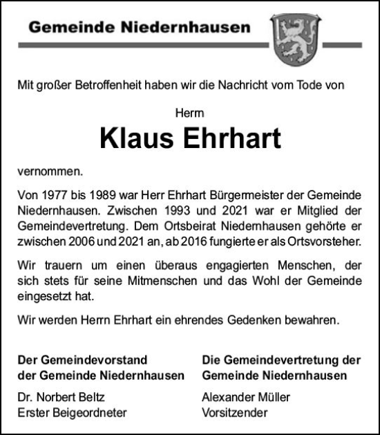 Traueranzeige von Klaus Ehrhart von Idsteiner Land/Untertaunus